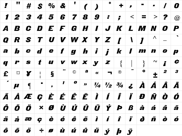 Derek AT Italic Regular  glyph index