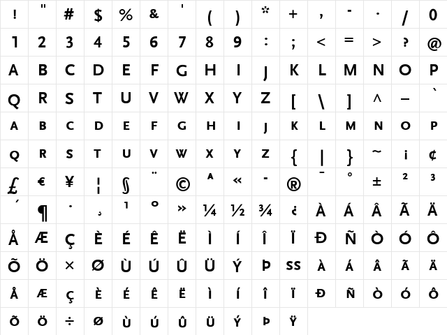 ScalaSans Bold  glyph index