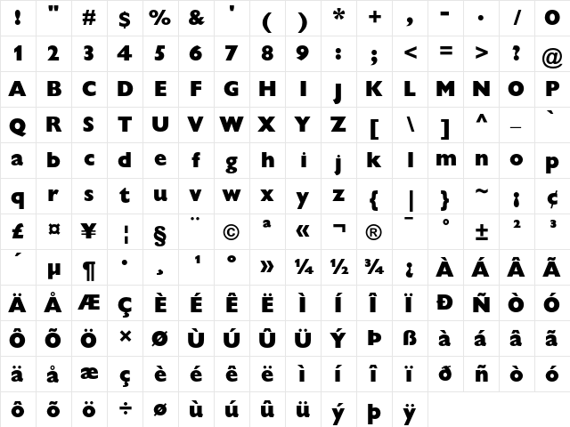 Gill Sans Extra Bold Display  glyph index