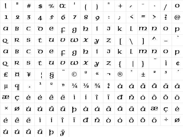 AmericanUncial-Normal Regular  glyph index