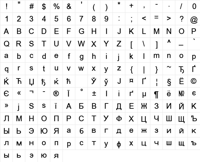 ER Univers 1251 Normal  glyph index