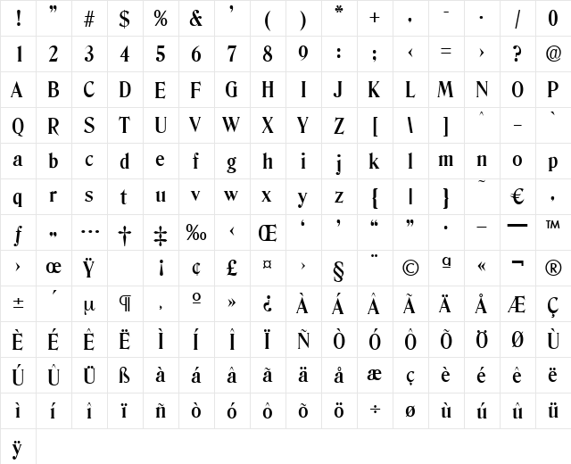 Denver-DemiBold Regular  glyph index
