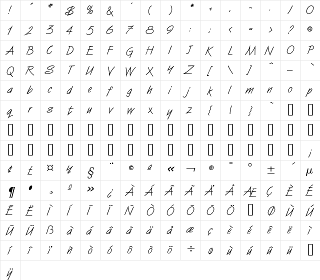 Vizier Regular  glyph index