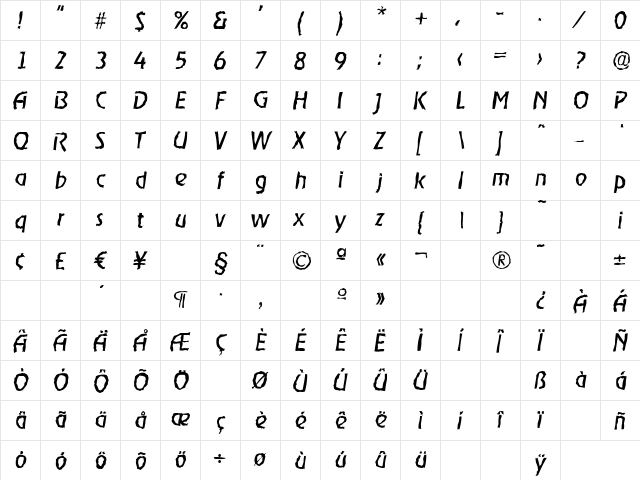 OnStageRandom Italic  glyph index