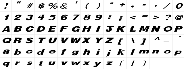 NewBold Ex Italic Italic  glyph index