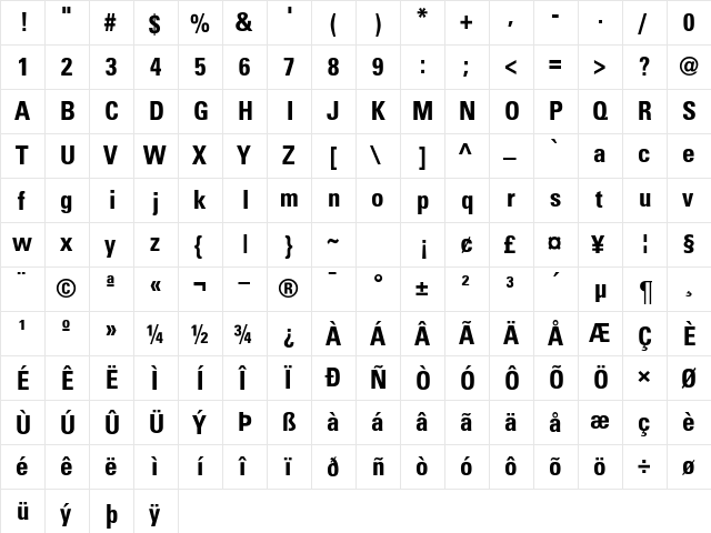 UnfugCondensed Bold  glyph index