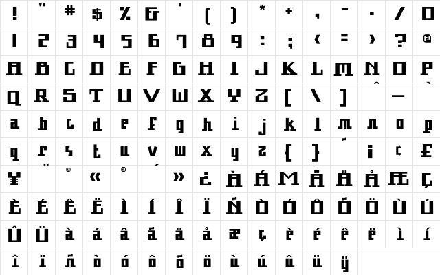Arcturus Regular  glyph index