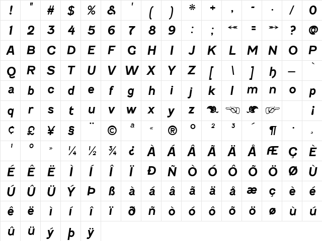 Fenwick Bold Italic  glyph index