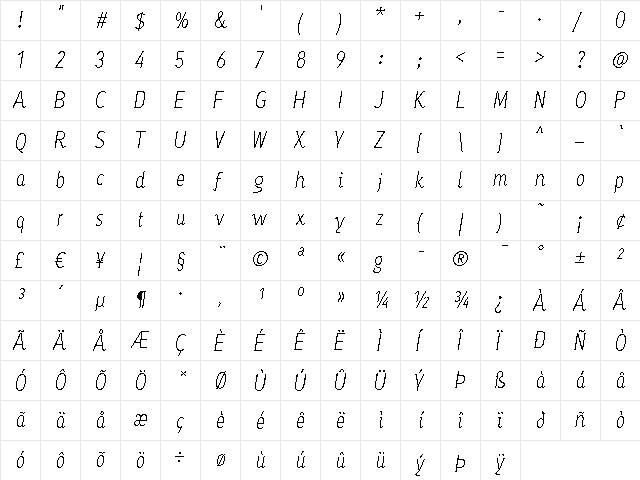 Ayumi Pro Light Italic  glyph index