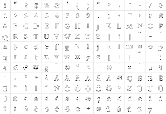 BernsteinOutline-Medium Regular  glyph index