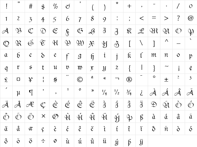 Duc De Berry Regular  glyph index