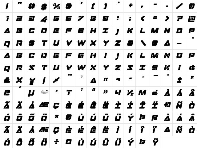 Domino Jack Title Italic Italic  glyph index