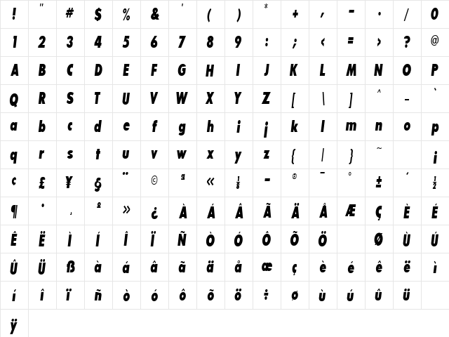 BouganBlackCondSSK Bold Italic  glyph index