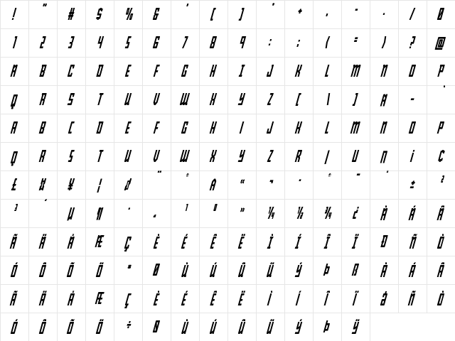 Young Patriot Condensed Italic Condensed Italic  glyph index