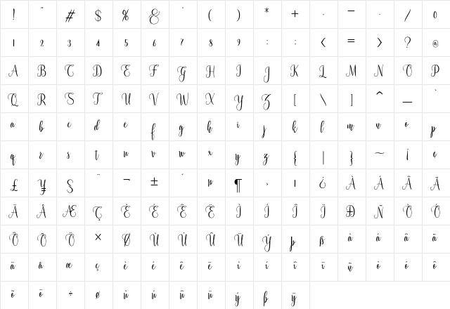 Valentina Regular  glyph index