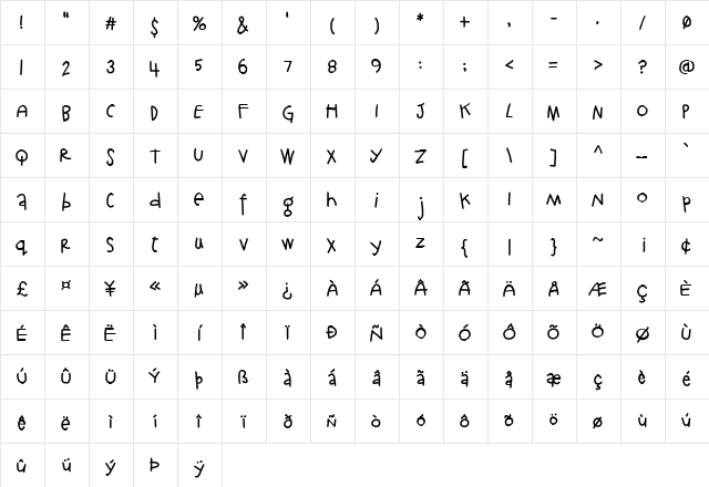 LDJ Hen Hand Regular  glyph index