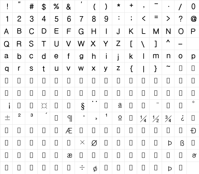 HYRGothic-Bold Regular  glyph index