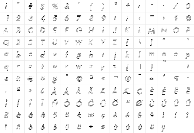 PeterBeckerOutline Italic  glyph index