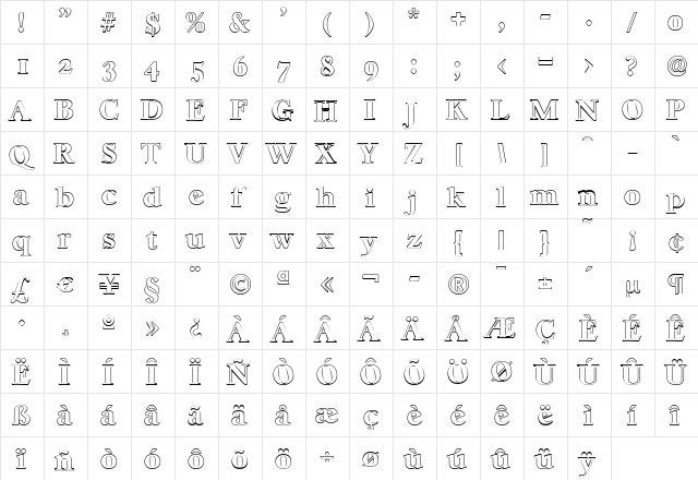 WilliamBeckerOutline-ExtraBold Regular  glyph index