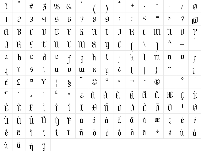 Bensch Gothic Regular  glyph index