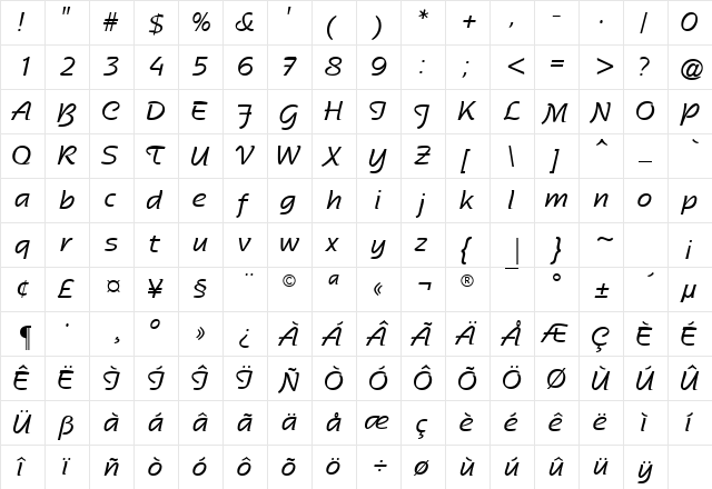 SentimentalScriptSSK Regular  glyph index