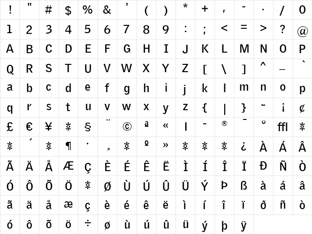 GriffithGothic Regular  glyph index