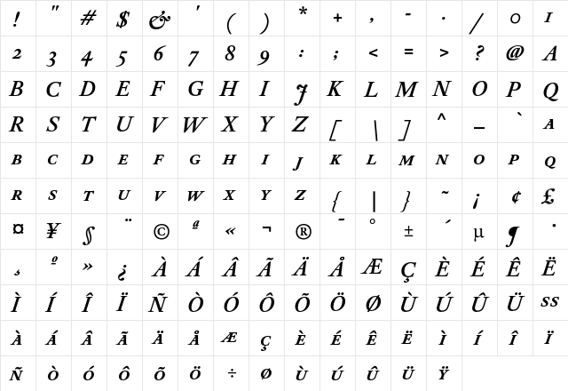 DTL Elzevir T Caps Bold Italic  glyph index