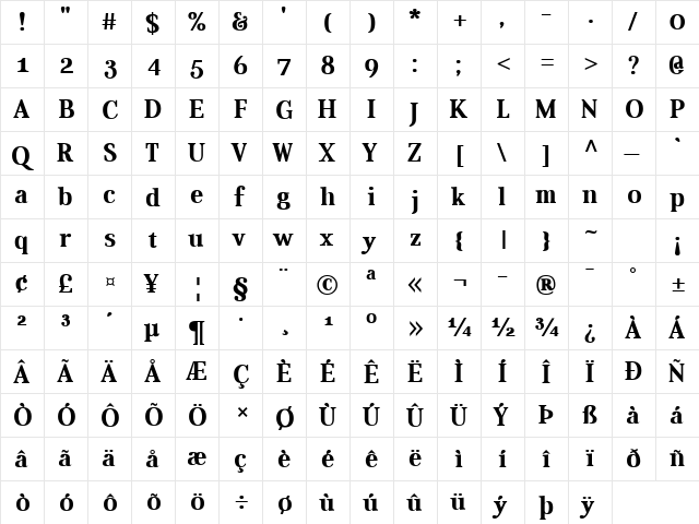 Aver Bold  glyph index