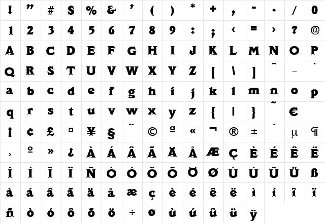 Veracruz-ExtraBold Regular  glyph index