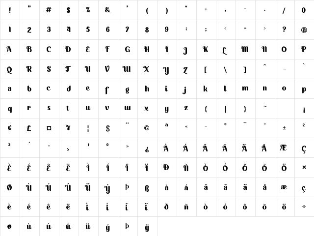 Quacker Regular  glyph index