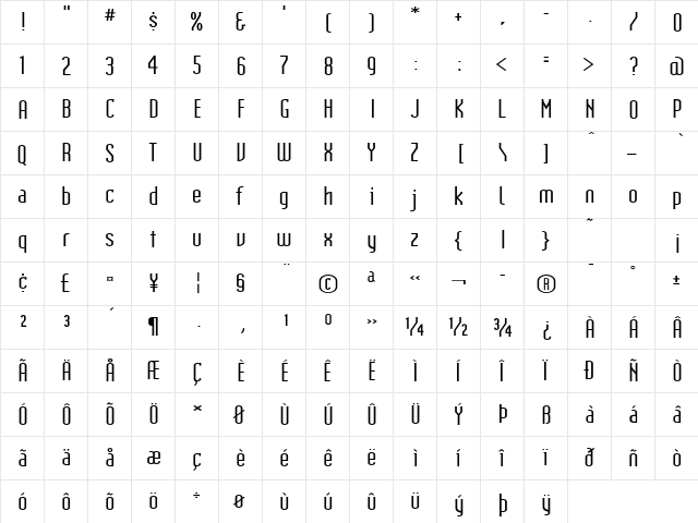 IndustrialExtended Regular  glyph index