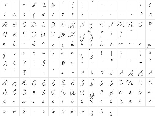 VelvetScript Regular  glyph index