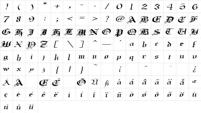 CrusaderGothicExtended Italic  glyph index