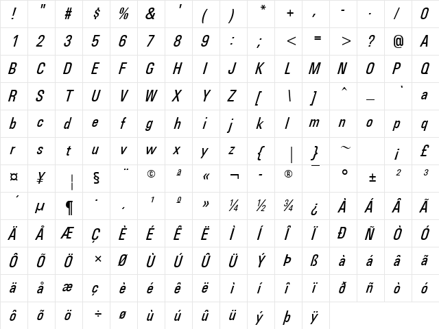 Utah Condensed Oblique  glyph index