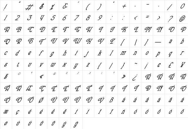 Hopkinson Italic Regular  glyph index