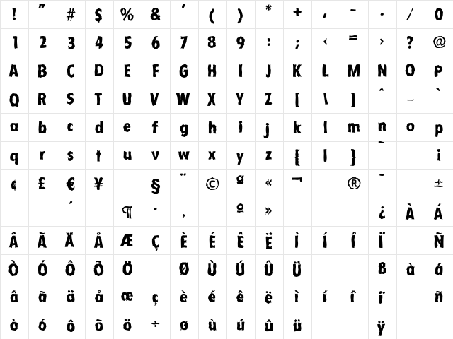 FloridaRandom-Xbold Regular  glyph index