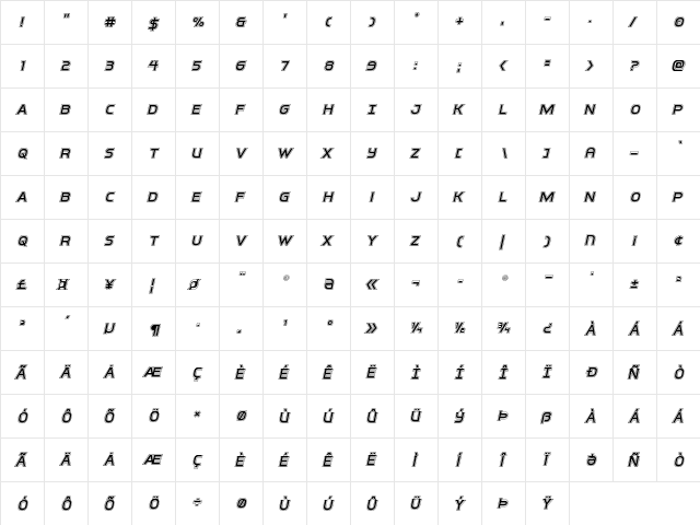 Inter-Bureau Academy Italic Italic  glyph index