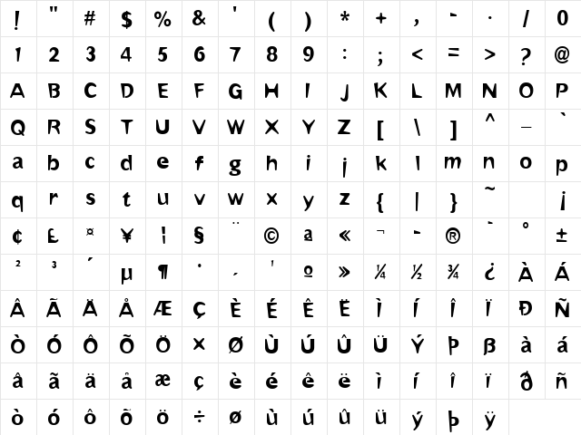 Omaha Regular  glyph index