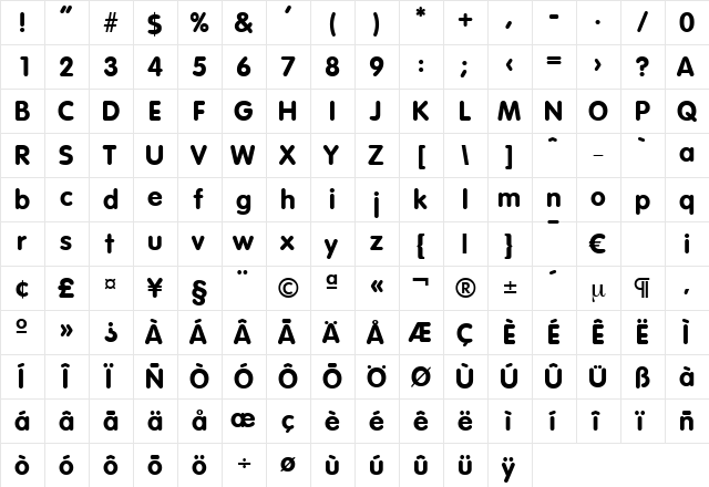 Volkswagen-Bold Regular  glyph index