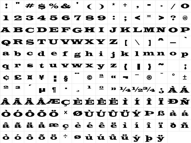 PT Broadcast Normal  glyph index