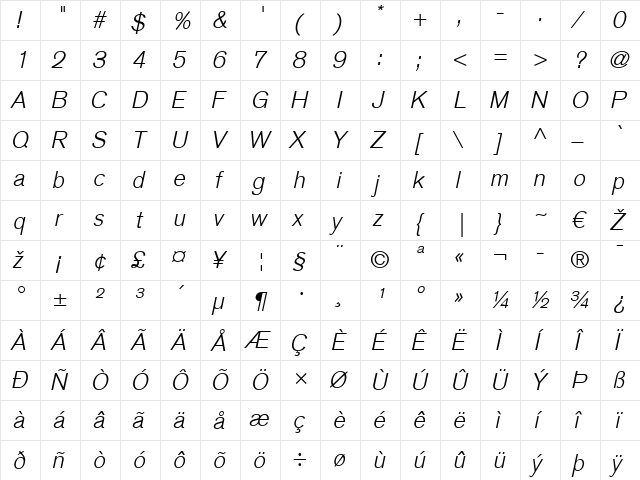 BasicCommercial LT LightItalic Regular  glyph index