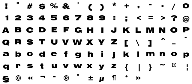 HeliosExtBlack Regular  glyph index