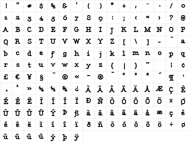 AmintaBold Regular  glyph index