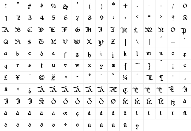 WashingtonText Regular  glyph index