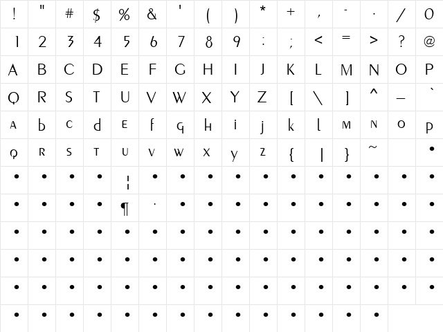 QTPeignoir-Lite Regular  glyph index