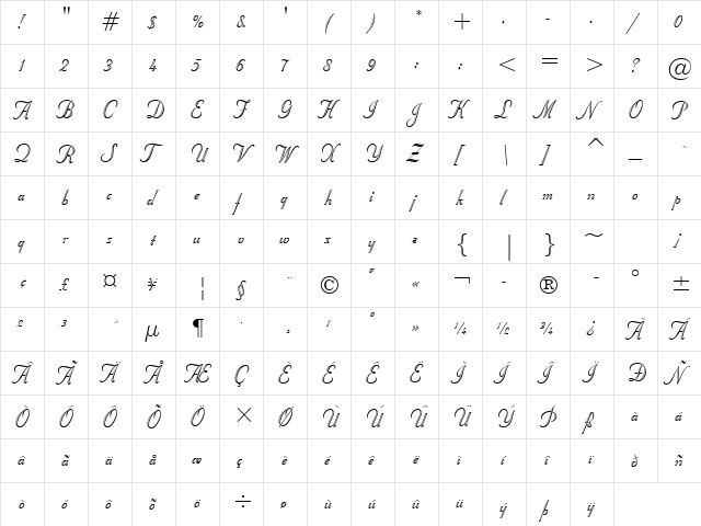 Stuyvesant BT Regular  glyph index