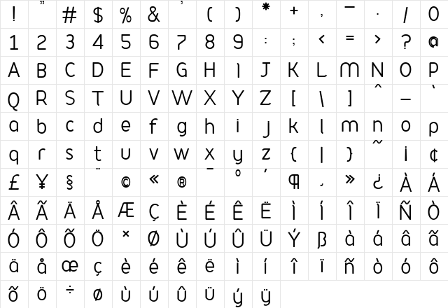 Podium Regular  glyph index