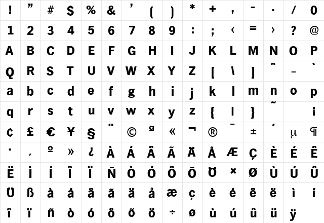 HamburgSerial-Xbold Regular  glyph index