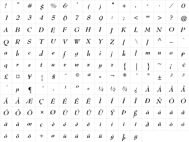 Bernhard Modern Bold Italic  glyph index