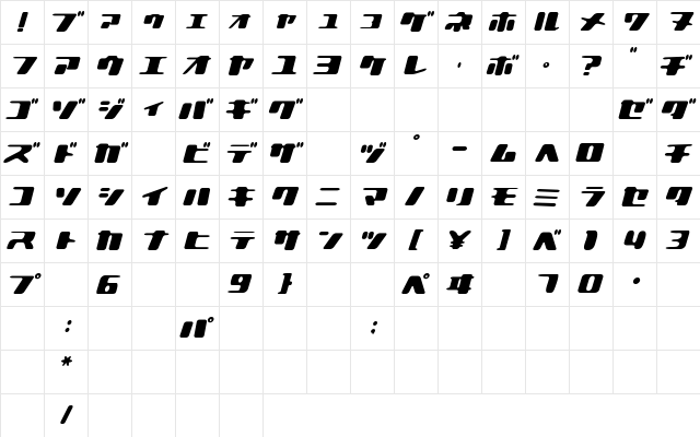 LBIlovely bold italic Kana Kat  glyph index
